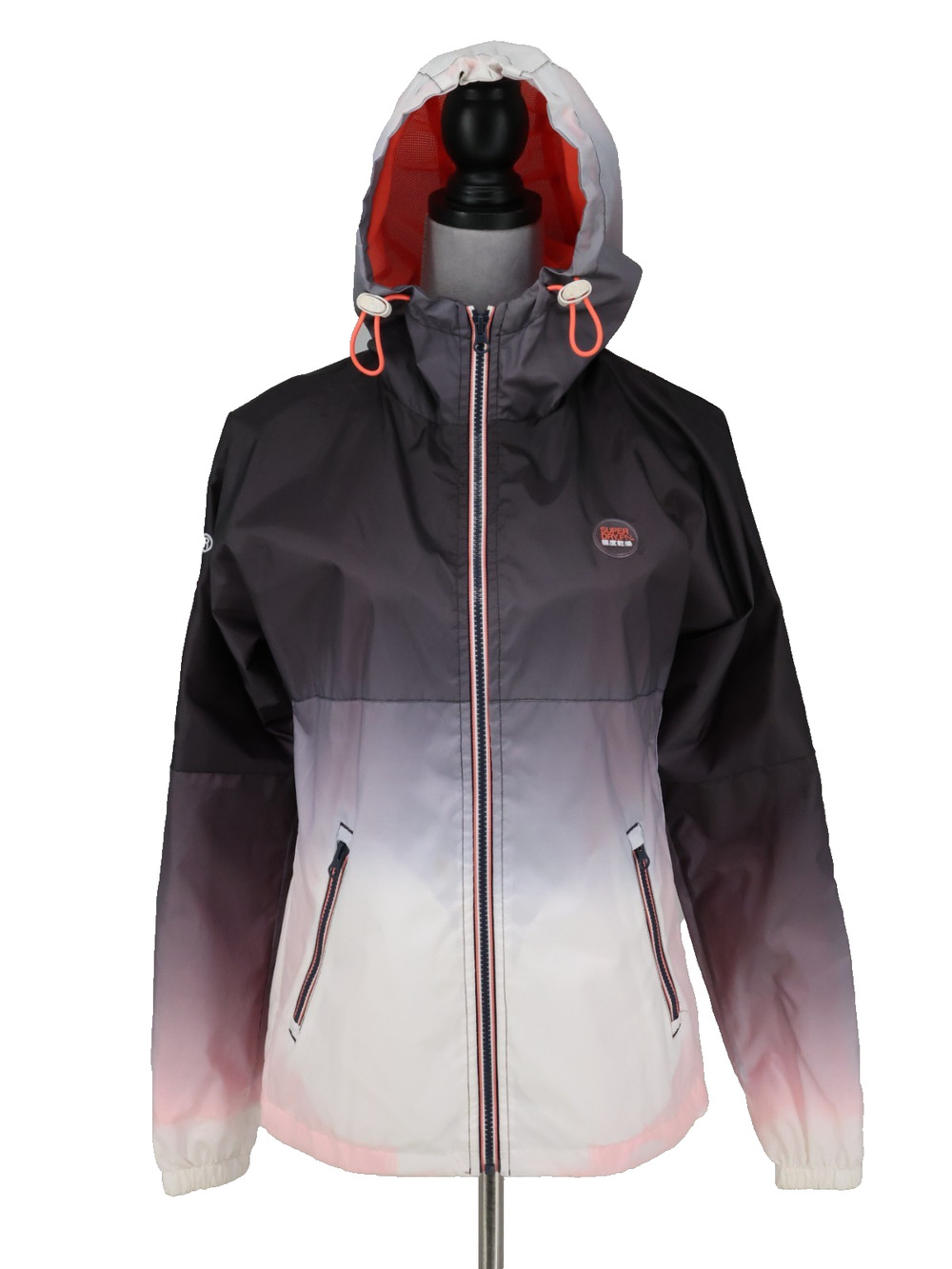 Superdry Japan Jacket Womens XS Grey White Ombre Zip Hoodie Lined Windcheater
